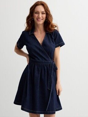 Draper James Denim Wrap Dress Size L Dark Wash Collared Short Sleeve Mint - L